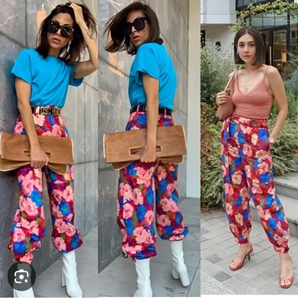 NWT Zara Bold Floral Cropped Cargo Ankle Pants Size S High Waist Pink Red Blue - Picture 6 of 16